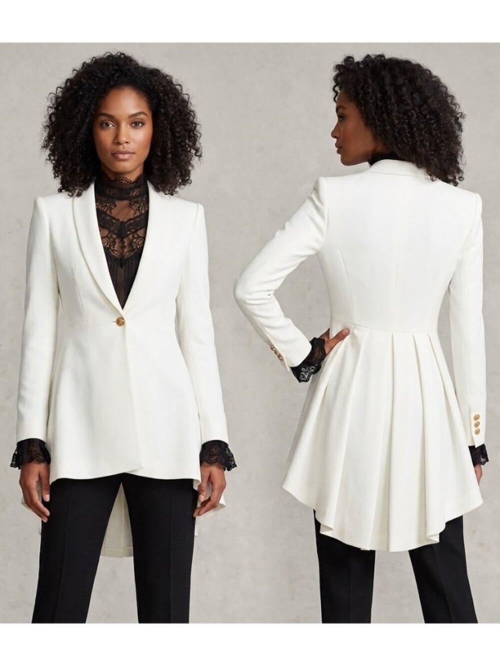 NWT Alice + Olivia Leo Blazer in White Shawl Collar Cotton Pleated Tail Jacket 8